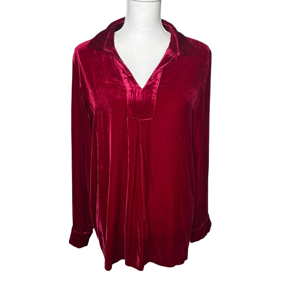 Sundance Women Velvet Collared Tunic Red Silk Blend V-Neck Long Sleeve L